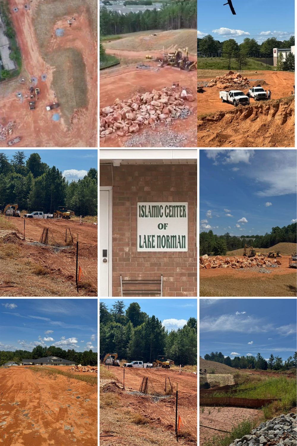 ICLN campaign photo collage showing an overhead site view, excavation, construction equipment, graded land, and the current center entrance